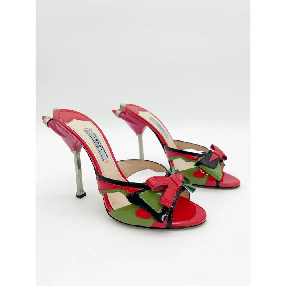 Prada S/S 2012 Runway Red Patent Hot Rod Rocket Tail Light Mule Sandals IT 36.5